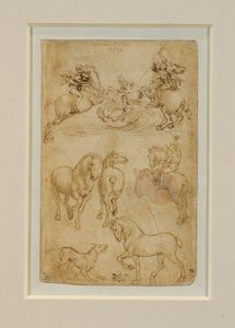 Kaksi ratsastajaa taistelee lohikäärmettä vastaan; ratsastaja ja kaksi hevosta; koira ja hevonen ... tekijältä Leonardo da Vinci