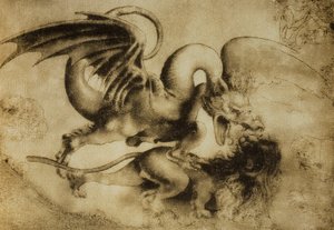 Lohikäärme tappaa leijonan, piirros Leonardo da Vinci. Gabinetto dei Disegni e Stampe, Uffizi-galleria, Firenze tekijältä Leonardo da Vinci