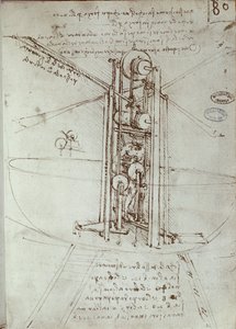 Piirustus lentävästä propulsiokoneesta. Käsikirjoitus Leonard De Vinci (Leonardo da Vinci tekijältä Leonardo da Vinci