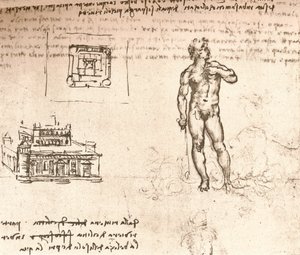 Piirustus linnan suunnitelmista ja alastonhahmosta, pesty intialaisella musteella, c1472-c1519 1883 tekijältä Leonardo da Vinci
