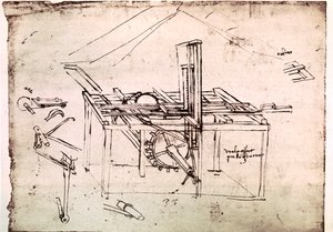 Ote Da Vincin käsikirjoituksesta, jossa kuvataan "Hydraulisen sahan periaatetta ja rakentamista automaattisella eteenpäinohjauksella" (käsikirjoitus). tekijältä Leonardo da Vinci