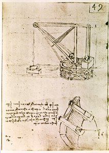 Ote Da Vincin käsikirjoituksesta, jossa kuvataan "pyörivän nosturin" periaatetta ja rakentamista (käsikirjoitus). tekijältä Leonardo da Vinci