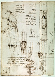 Ote Da Vincin käsikirjoituksesta, jossa kuvataan "paaluvasaran" periaate ja rakenne (käsikirjoitus). tekijältä Leonardo da Vinci