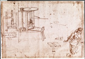 Ote Da Vincin käsikirjoituksesta, jossa kuvataan painokoneen periaatetta ja rakennetta (käsikirjoitus). tekijältä Leonardo da Vinci