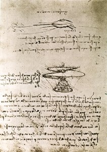 Ote Da Vincin käsikirjoituksesta, jossa kuvataan "Lentoruuvin (helikopterin)" periaate ja rakenne (käsikirjoitus). tekijältä Leonardo da Vinci