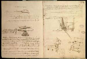 Lentävät koneet, yksi ensimmäisistä piirustuksista helikopterin kaltaisesta lentävästä koneesta, n. 1487 tekijältä Leonardo da Vinci