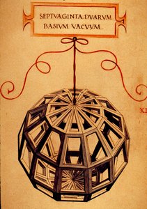 Geometria: "" Polyhedron"" Sivu otettu matemaatikon Fra Luca Pacioli dit Luca di Borgon (1445-1517) käsikirjoituksesta "" De divina ratione"" (Jumalaisista mittasuhteista), kuvannut Leonardo da Vinci (1452-1519). 1509. tekijältä Leonardo da Vinci