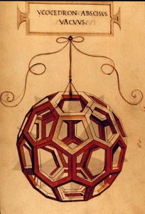 Geometria: "" Icosahedron"" Sivu otettu käsikirjoituksesta "" De divina ratione"" (Jumalaisista mittasuhteista), jonka on kirjoittanut matemaatikko Fra Luca Pacioli dit Luca di Borgo (1445-1517), kuvittanut Leonardo da Vinci (1452-1519). 1509. tekijältä Leonardo da Vinci