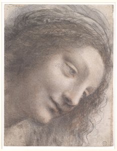 Neitsyen pää, 1508-1512 (mustaa liitua, hiiltä ja punaista liitua, joitakin valkoisen liidun jälkiä kortilla). tekijältä Leonardo da Vinci