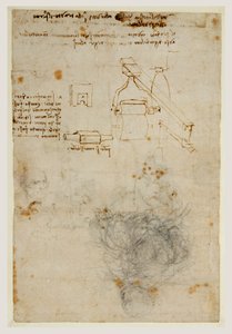 Old Man and Studies of Machinery johtaja, n. 1503-06 (musta liitu, kynä ja ruskea muste) tekijältä Leonardo da Vinci