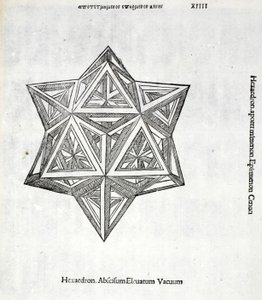 Hexacedron abscissum korotettu tyhjiö, kuva Luca Paciolin (n. 1445-1517) teoksesta "Divine Proportion", alunperin pub. Venetsia, 1509 tekijältä Leonardo da Vinci