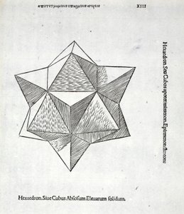 Hexaedron katkaistu kohotettu kiinteä, kuvitus "Divine Proportion" kirjoittaja Luca Pacioli (n. 1445-1517), alun perin pub. Venetsia, 1509 tekijältä Leonardo da Vinci
