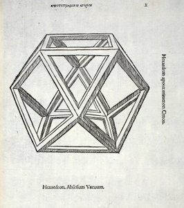 Hexaedron Abscissum Vacuum, kuvitus Luca Paciolin (n. 1445-1517) "Divine Proportionista", alunperin pub. Venetsia, 1509 tekijältä Leonardo da Vinci