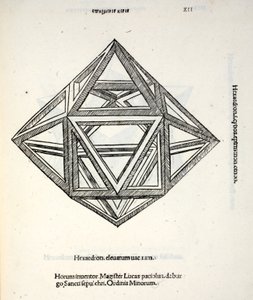 Hexaedron korotettu tyhjiö, kuvitus teoksesta "Divine Proportion", kirjoittanut Luca Pacioli (n. 1445-1517), alunperin pub. Venetsia, 1509 tekijältä Leonardo da Vinci