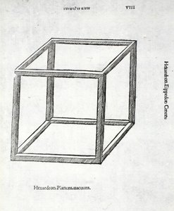 Hexahedron täysi tyhjiö, kuvitus "Divine Proportion":sta, kirjoittaja Luca Pacioli (n. 1445-1517), alunperin pub. Venetsia, 1509 tekijältä Leonardo da Vinci