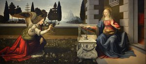 Italia Toscana Firenze, Uffizi-galleria: Annunciation, Leonardo da Vincin (1452-1519) maalaus, öljy puulle, n. 1472-1475, 98x217 cm tekijältä Leonardo da Vinci