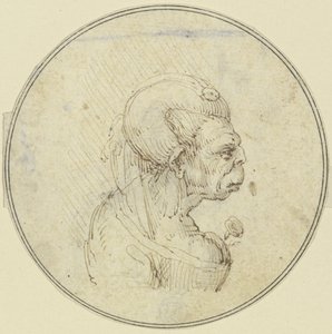 Karikatyyri vanhasta naisesta, rintakuva, jossa naisella on ruusu rinnallaan, profiilissa oikealle tekijältä Leonardo da Vinci