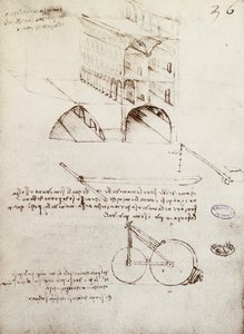 Käsikirjoitus B, f 36 r Arkkitehtuurin tutkimukset, kehitys ja rakennusosat kaupungissa korotetuilla kaduilla (kynä ja muste paperille) tekijältä Leonardo da Vinci