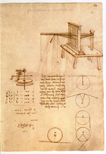 Ms 8937 fol.68r Tutkimus tekstiilikoneelle, Codex Madrid I, n. 1493-1497 (kynä ja muste paperille) tekijältä Leonardo da Vinci