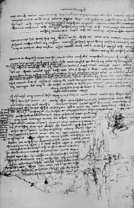 Tekstisivu maisemaluonnoksilla, c1480 1945 tekijältä Leonardo da Vinci