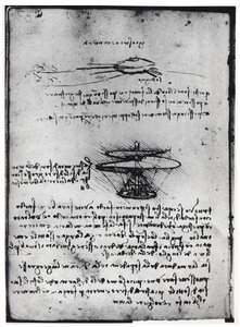 Pariisin käsikirjoitus B, fol. 83v: Sivu tekstiä ja luonnoksia lentävälle koneelle, 1488-90 (kynä ja muste paperille) tekijältä Leonardo da Vinci