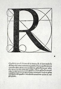 R, kuvitus "Divina Proportionesta", kirjoittaja Luca Pacioli (n. 1445-1517), alunperin pub. Venetsia, 1509 tekijältä Leonardo da Vinci