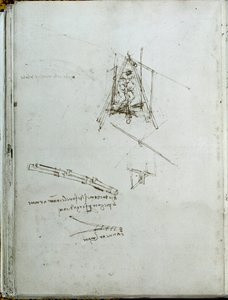 Tiede ja tekniikka: käsikirjoitus lentävistä koneista, helikopterin esi-isä. Leonardo da Vincin kirja (Leonardo da Vinci) (1452-1519). Noin 1487. Pariisi, Institut de Francen kirjasto tekijältä Leonardo da Vinci