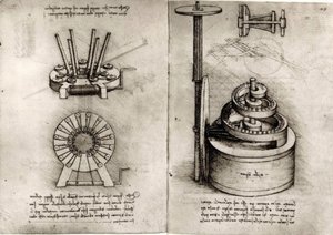 Studien zur Mechanik; rechts Triebfeder einer Uhr tekijältä Leonardo da Vinci