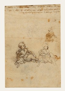 Luonnoksia teoksesta ”Kristuslapsi ja karitsa” (etupuoli); vanhan miehen pää sekä koneiden luonnoksia (takapuoli) tekijältä Leonardo da Vinci