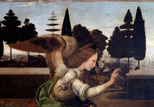 Ilmoitus, enkelin yksityiskohta - öljy puulle tekijältä Leonardo da Vinci