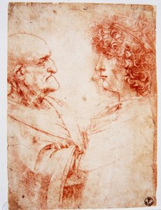 Kaksi miesprofiilia, vanha mies ja nuori mies. Nuori mies edustaa Gian Giacomo Caprottia, joka tunnetaan nimellä Andrea Salai tai Salaij (noin 1480-1524), Leonardin oppilasta ja rakastajaa. Leonardo da Vincin (Leonard de Vinci) (1452-1519) Firenzen piirust tekijältä Leonardo da Vinci