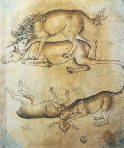 Yksisarvis hyökkää lehmää vastaan ja leopardi lammasta vastaan, Leonardo da Vincin (1452-1519) tutkimus eläimistä, piirustus tekijältä Leonardo da Vinci
