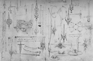 Erilaiset hyökkäyksen ja puolustuksen aseet, c1480 1945 tekijältä Leonardo da Vinci
