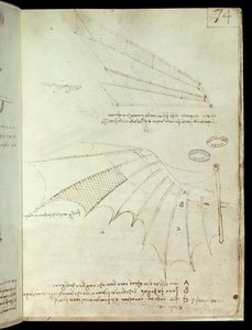 Siipi. Lentävän koneen piirustus. Käsikirjoitus Leonard De Vinci (Leonardo da Vinci tekijältä Leonardo da Vinci