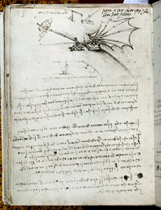 Siipikoulutus. Lentävän koneen piirustus. Käsikirjoitus Leonard De Vinci (Leonardo da Vinci tekijältä Leonardo da Vinci