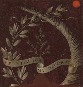 Laakeripuun, palmun ja katajan seppele, johon on kaiverrettu Virtutem Forma Decorat [käänteinen], n. 147 tekijältä Leonardo da Vinci