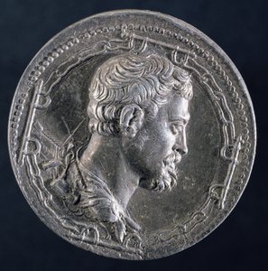 Andrea Dorian medaljongin kääntöpuoli, joka kuvaa taiteilijaa vangin ketjujen ympäröimänä ja keittiön taustalla, n. 1541 (hopea) (katso etupuoli 122337)