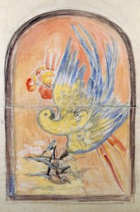 Valmisteleva piirustus Art Deco -tyylisen tuolin selkänojaan Le Perroquet