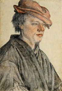 Muotokuva nuoresta miehestä lippalakkeessa ja oikealle käännettynä, n. 1500-42 (liitu ja pesu paperille) tekijältä Leonhard Beck