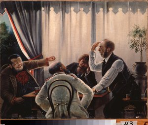 Korttipeli. (Neljä miestä kokoontui pöydän ympärille leikkimään, kaksi heistä huutaa toisilleen, kaksi muuta odottavat). Maalaus Leonid Ivanovich Solomatkin (1837-1883), öljy kankaalle. venäläistä taidetta