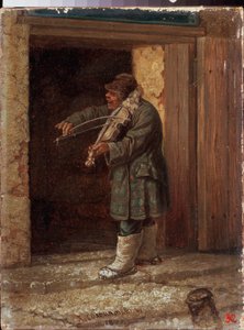 Muusikko. (Kerjäläisviulisti soittamassa maalaistalon sisäänkäynnin edessä). Leonid Ivanovich Solomatkinin (1837-1883) maalaus