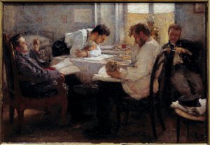 Tentin aattona Opiskelijat tarkistamassa kokeita. Leonid Osipovich Pasternacin (1862-1945) maalaus 1895 Su. 0,39x0,55 m Pariisi, musee d