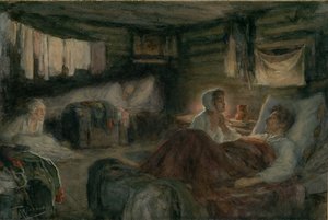 Natasha ja haavoittunut prinssi Andrei Mytishchissä. Kuvitus romaanille Sota ja rauha, 1893. tekijältä Leonid Osipovich Pasternak