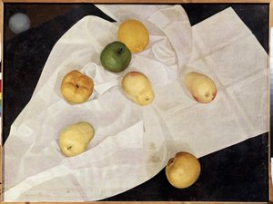""Asetelma omenoiden ja sitruunoiden kanssa"" (Asetelma omenoiden ja sitruunoiden kanssa) Leonid Terentevich Chupyatov (1890-1942) maalaus 1923 Pietarin valtion venäläinen museo tekijältä Leonid Terentlevich Chupyatov