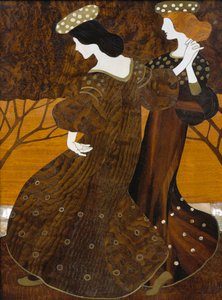 Lipasto, n. 1908, Leopold Bauer (1872-1938), pähkinä, messinki ja helmiäinen, Detail, Itävalta, 1900-luku tekijältä Leopold Bauer