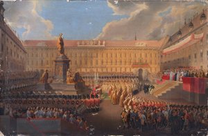 Itävallan keisari Franz I:n muistomerkin paljastaminen 19. kesäkuuta 1846 Wienin Franzensplatzilla tekijältä Leopold Bucher