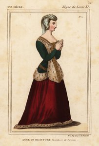 Anne Rogier de Beaufort, varakreivitär de Turenne 1435-1479. Käsinvärinen litografia ruostumattoman lasi-ikkunan jälkeen Cordelieres de Nantesin kirkossa Roger de Gaignieresin portfoliossa VI 11 Le Bibliophile Jacobista eli Paul Lacroix