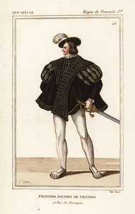 Franciscus III, Bretagnen herttua 1518-1536. Francois, Wienin delfiini ja Bretagnen herttua. Käsinvärinen litografia J.B. Gautier muotokuvan jälkeen Roger de Gaignieresin portfoliossa VIII 14 teoksesta Le Bibliophile Jacob eli Paul Lacroix