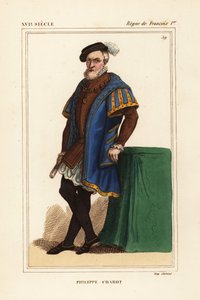 Philippe Chabot, Brionin herra, Charnyn kreivi, amiraali de Brion, ranskalainen amiraali, k. 1543. Käsinvärinen litografia muotokuvan jälkeen Roger de Gaignieresin portfolioissa Le Bibliophile Jacobista eli Paul Lacroix