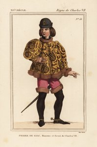 Pierre de Giac, kuningas Kaarle VII:n kamarlaini 1377-1426. Teloitettu hukkumalla Dun-Le-Roissa. Hänellä on yllään lyhyt sukka, jossa on mahoitres-hihat, vaaleanpunaiset housut ja kannustetut saappaat. Käsinvärinen litografia pienoismallin jälkeen käsikirj